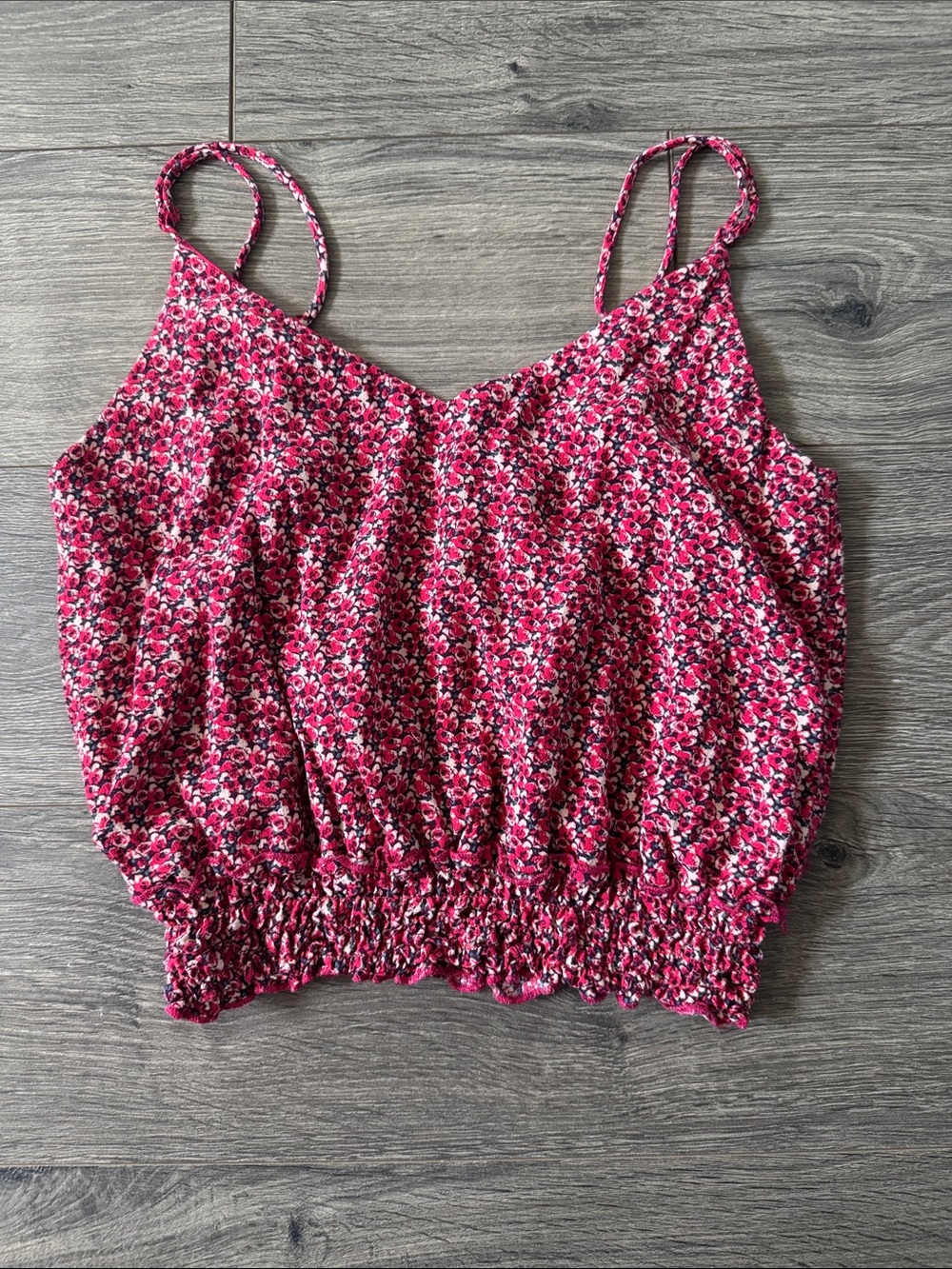 Floral Pink Smocked-Hem Spaghetti Strap Cami